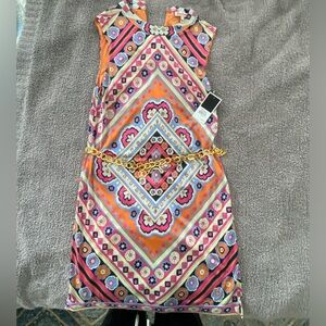 Juicy Couture, tangerine diamond floral dress, size S, gold toggle belt